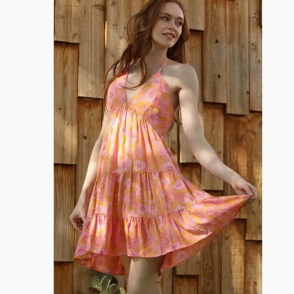 Angie Floral Halter Swim pink Cover-Up summer Dress boho chic Size: Medium - Picture 1 of 6